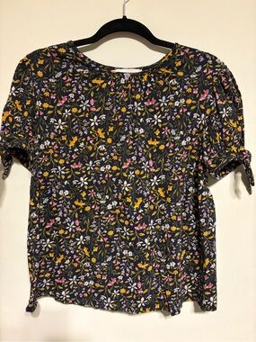LOFT Black Floral Short Sleeve Tie-Sleeve Blouse